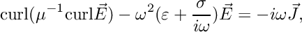 \[ \text{curl}( \mu^{-1} \text{curl} \vec E) - \omega^2 (\varepsilon + \frac{\sigma}{i\omega}) \vec E = -i \omega \vec J, \]