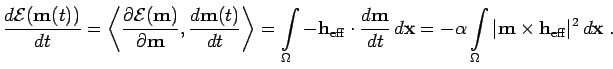 $\displaystyle \frac{d{{\cal E}({\mathbf{m}}(t))}}{dt} = \left<{\frac{\partial {...
...a}\vert{\mathbf{m}}\times{\mathbf{h}}_{\mathrm{eff}}\vert^{2} d{\mathbf{x}}\;.$